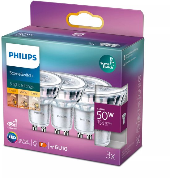 Lampes LED Philips SceneSwitch GU10, lot de 3, 50W, 355 lumens, 220-240V, classe énergétique F.