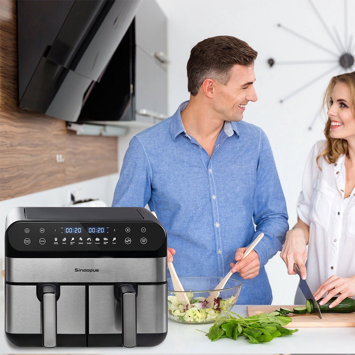 Afbeelding 3 van Digitale Airfryer XXL 11L 920 – Heteluchtfriteuse met Dubbele Mand en DualMand Onafhankelijke Snelle Opwarming – Voor Gezinnen – 8 Programma’s – LED Touchscreen – Kijkvenster – Makkelijk te Reinigen – Capaciteit voor 9 Personen
