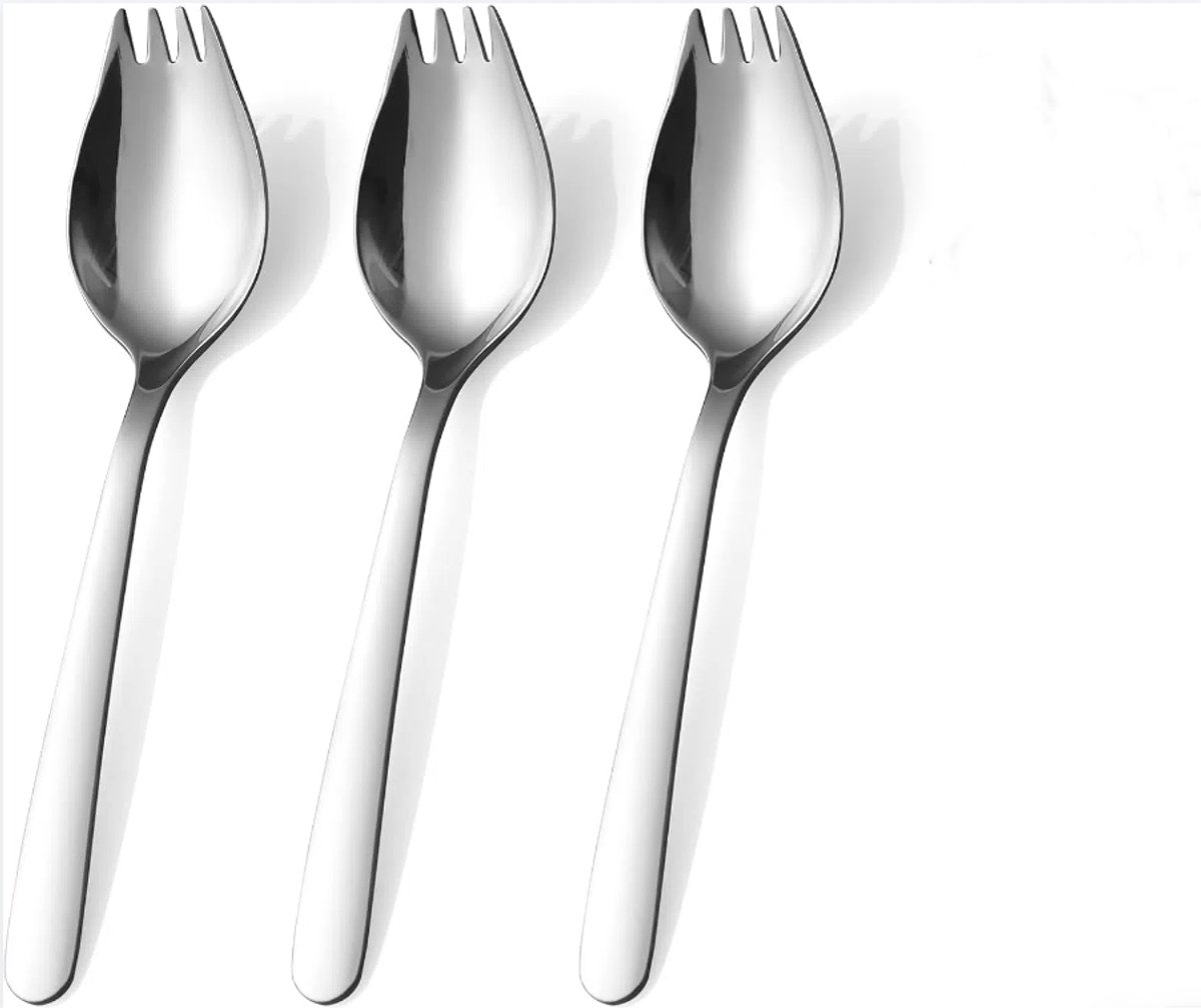 Roestvrijstalen vork-lepel verpakking van 3 stuks, 21 cm, herbruikbare metalen vork-lepel, ijslepel, saladevork, bestekset, fruitvoorgerecht, dessertvork