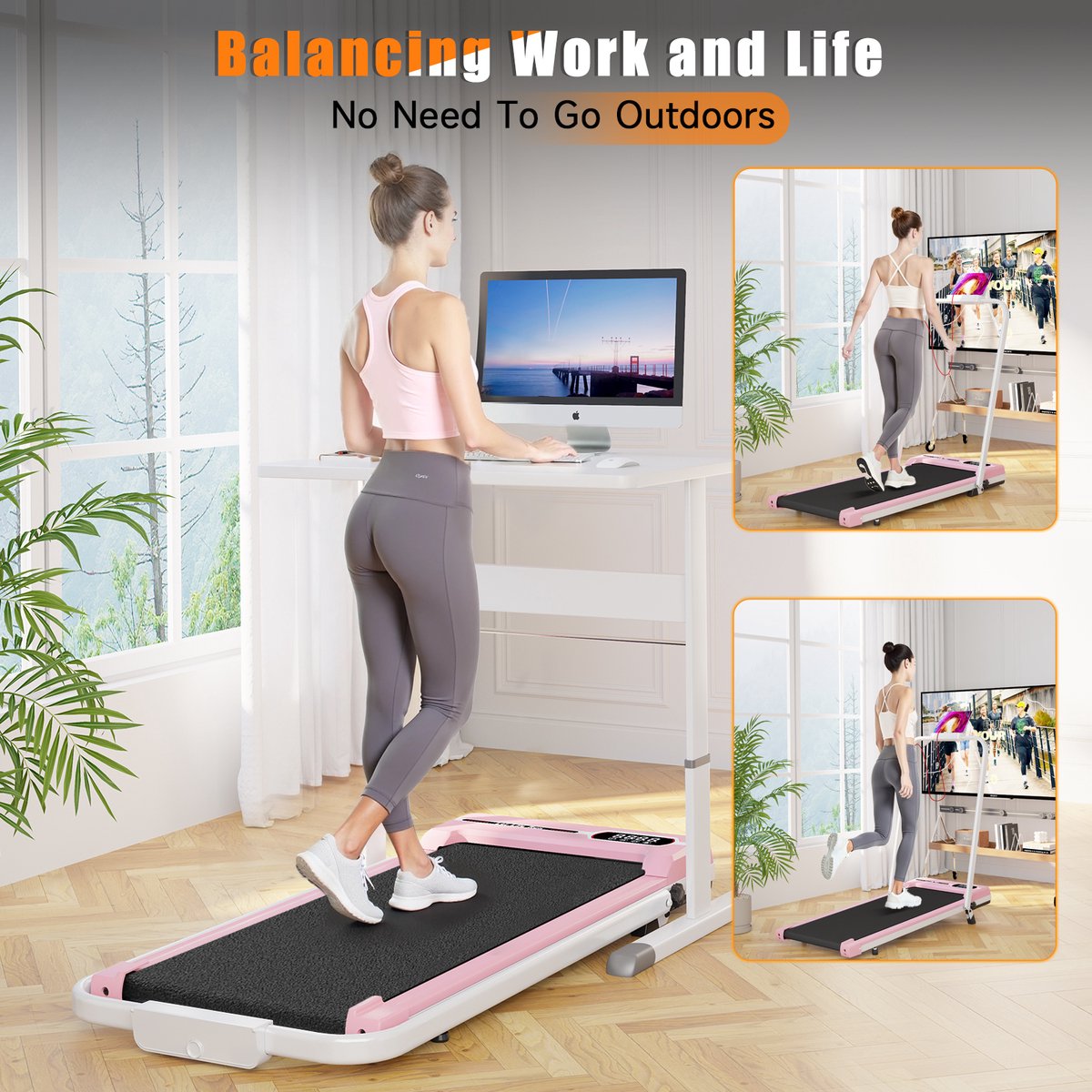 Afbeelding 2 van 3 in 1 Opvouwbare loopband met 5% helling - Elektrische loopband - Wandelpad 1-8 km/u - 2,5 pk motor - met afstandsbediening - Roze