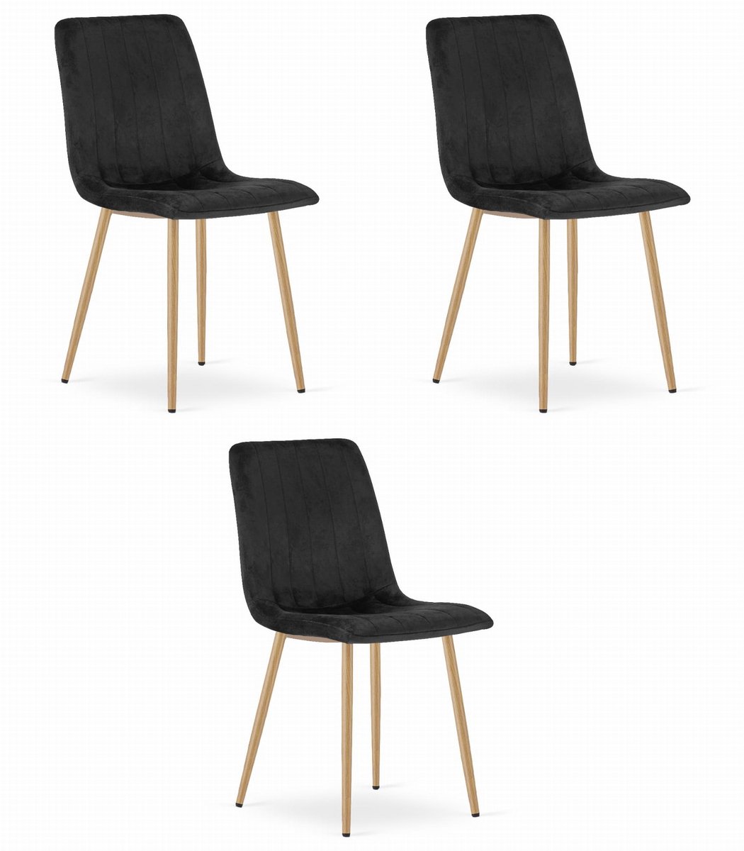 LEOBERT Set van 3 Eetkamerstoelen LAVA - Zwart - Houtlook Metalen Poten - Velvet Bekleding - Industriële Stijl, Max. 110 kg, Ergonomisch Design, Comfortabele Zitting