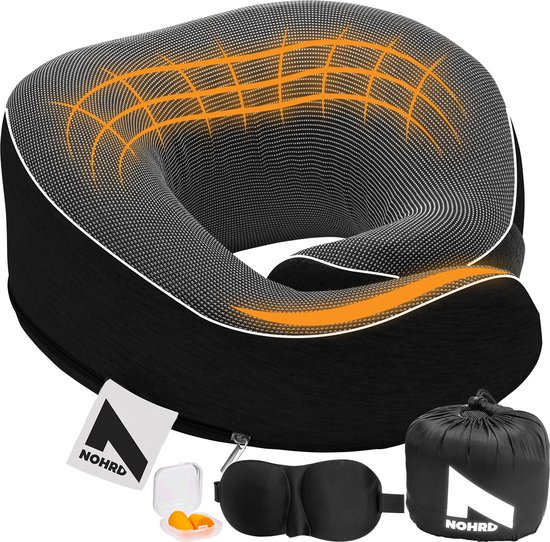 NOHRD Nekkussen Vliegtuig - Reiskussen - Zwart - Memory Foam - Incl. Oordopjes, Slaapmasker & Draagtas - Traagschuim - Neksteun