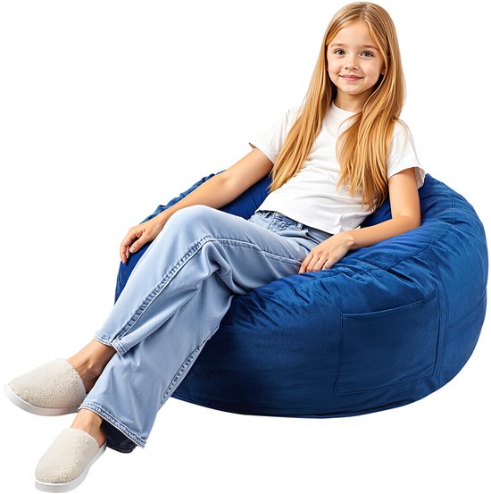 Zitzak, Rond, 3 Voeten, Afneembare en Wasbare Hoes. Gevuld met 25D Traagschuim, Zacht Nederlands Fluweel. Ideaal voor Slaapkamers of Speelkamers, Blauw