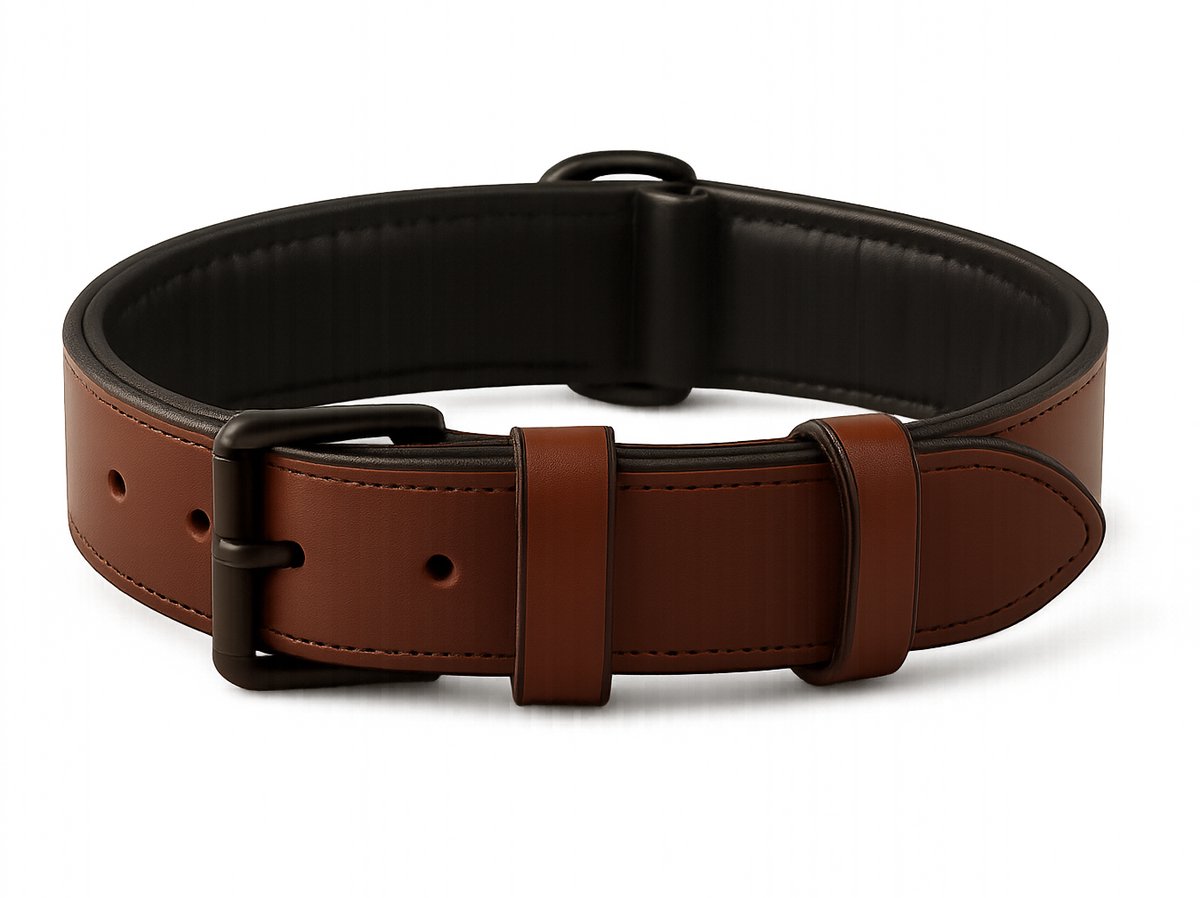 Bol.com Brute Strength - Luxe leren halsband hond - Bruin met zwarte stiksels - XL - (56 - 63) x 3,5 cm - honden halsband - hond... aanbieding