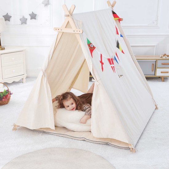 Lusio Speeltent - Speeltent Kinderen Incl. Stevig Speelkussen - Linnen & Houten Kindertent - Duurzaam en Veilige Tipi tent