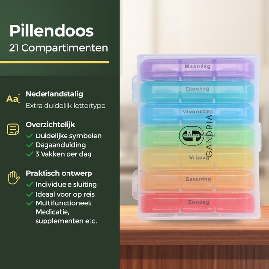 Gandria Pilulier 7 Jours - Pilulier Amovible - Boîte à Médicaments avec 21 Compartiments - Boîte à Médicaments avec Fermeture Robuste - 3 Compartiments par Jour - 7 Couleurs