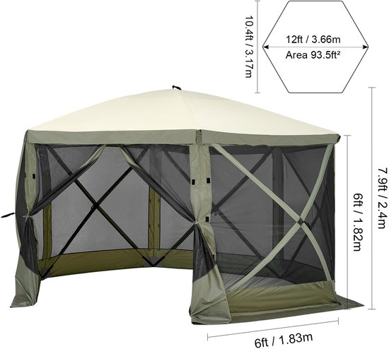 Pop-up Paviljoentent, 6-Zijdig Zonnescherm met Verwijderbare Privacypanelen en Gaasramen, 12x12FT Snel Opzetbare Schermtent met Muskietennet, Legergroen van Merkloos — afbeelding 4