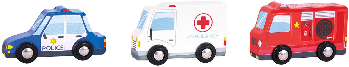 Woet® Houten Voertuigenset - 3 Speelgoed Auto's - Politie, Brandweer en Ambulance - Speelgoedvoertuigen Hulpdienst - Vanaf 18 Maanden — afbeelding 3