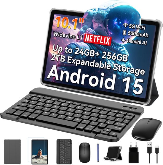 TABWEE OSCAL BLACKVIEW T20 Tablet met toetsenbord(QWERTY) , muis, pen, Tablethoesje- 10.1 Inch 24(8+16)GB+256GB Android 15 Tablet Octa-core - 1920x1200 FHD+IPS - 5G WiFi Tablet - Grijs