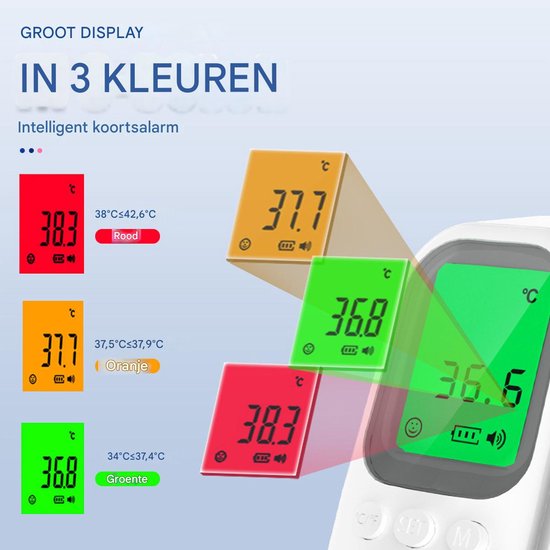 Displays van thermometer in rood (38.3°C), oranje (37.7°C) en groen (36.8°C) met bijbehorende temperatuurbereiken en koortsindicatie.