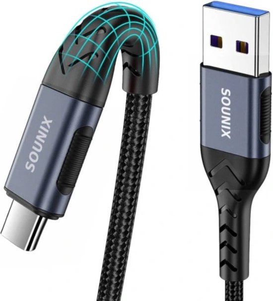 Sounix USB C kabel - USB 3.0 naar USB C - 3A60W - 10Gbps - 2 Meter - USB C naar USB A - Snellader - Oplader - Oplaadkabel - Gevlochten Nylon - Zwart