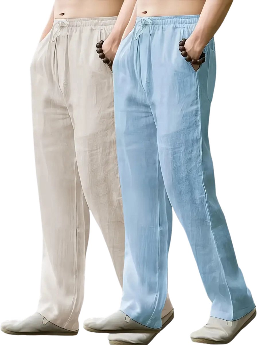 Livano Linnen Broek Heren Zomerbroek Volwassenen Lange Broek Pantalon Strandbroek Zomer Ibiza Stijl 2 Stuks & Lichtblauw Beige