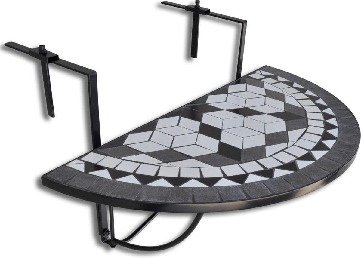 vidaXL Balkontafel hangend mozaïek zwart-wit half-rond