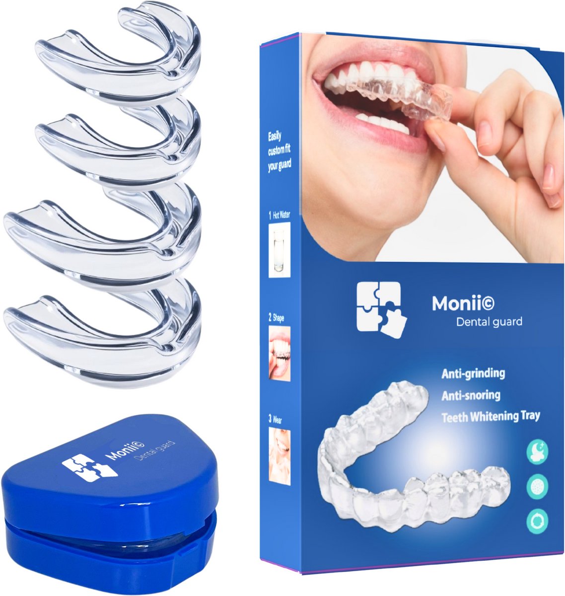 Monii Anti Knarsbitje - 4 Stuks, 2 Maten - Geschikt Voor Elk Gebit - Geurloos & Smaakloos - Voorkom Gebitschade – Nachtbeugel – Gebitsbeschermer – Knarsbeugel – Bruxisme – Bitje - Tandenbeschermer – Dental Guard – Geschikt Als Sova Nightguard