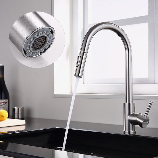 Auralum Kraan keuken, uittrekbare keukenkraan, hogedruk armatuur keuken met sproeier twee waterstraalsoorten, mengkraan keuken 360°, eengreepsmengkraan keuken roestvrij staal
