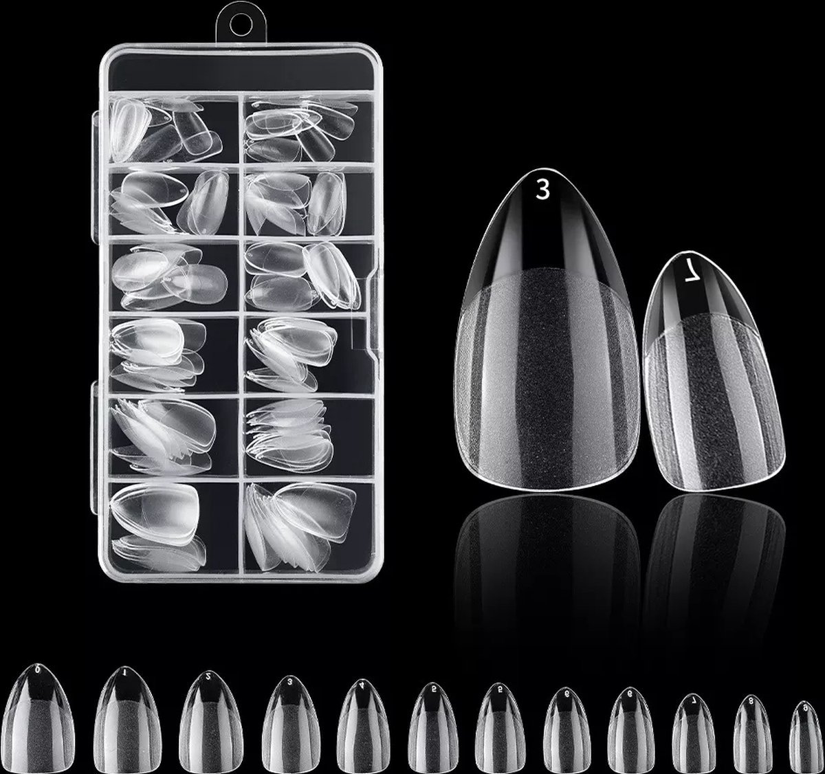 Nifkos 104 - Short Almond cq Rounded Half Frosted - Full Cover - Nageltips - Nepnagels - Plaknagels - In Assortimentsbox - 120 stuks 12 maten - Voor Gellak Acrylnagellak en PolyGel nagels - Royala Frosted Tips Line