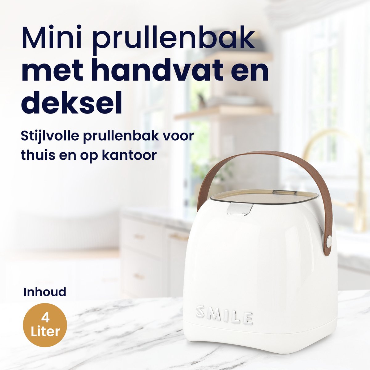 Mini Prullenbak met Handvat en Drukdeksel – Compact & Stijlvol – Wit