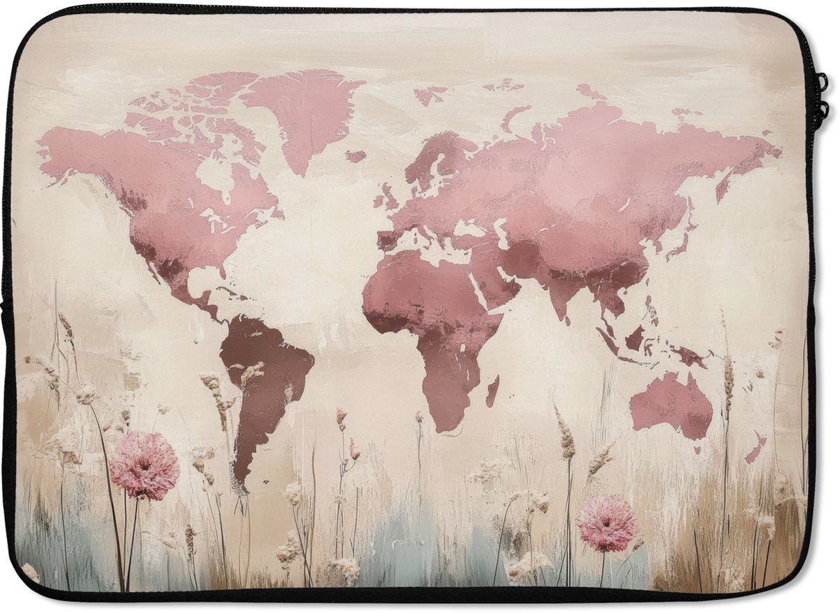 Laptophoes 13 inch - Wereldkaart - Roze - Bloemen - Laptop sleeve - Binnenmaat 32x22,5 cm - Zwarte achterkant