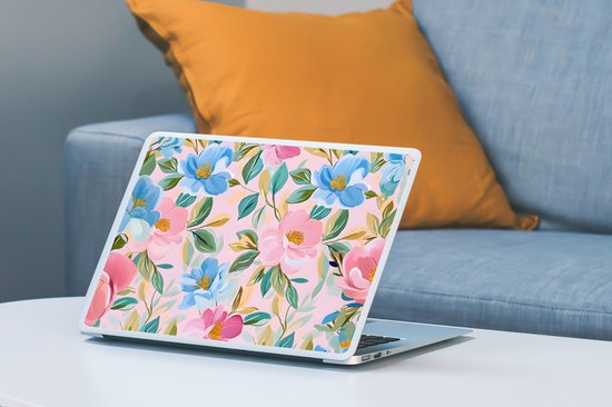 Sticker pour ordinateur portable - 14 pouces - Blauw - Rose - Fleurs - 32x5x23x5cm - Autocollants pour ordinateur portable - Skin pour ordinateur portable - Housse