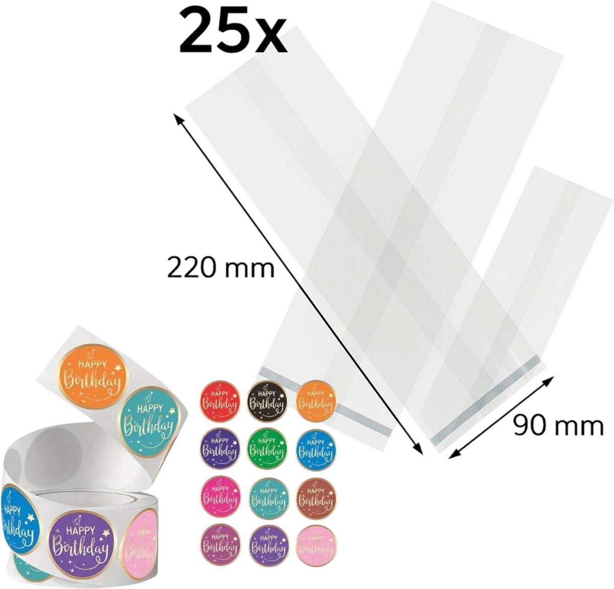 25x Uitdeelzakjes met Happy birthday stickers div kleuren | 220 x 90 mm | Traktatiezakjes | Kinderfeestje | Cellofaanzakjes | Cadeauzakjes | Snoepzakjes | Uitdeelzakjes kinderen | Cadeauzakjes Kinderen | Verpakkingszakjes Uitdeelcadeaus