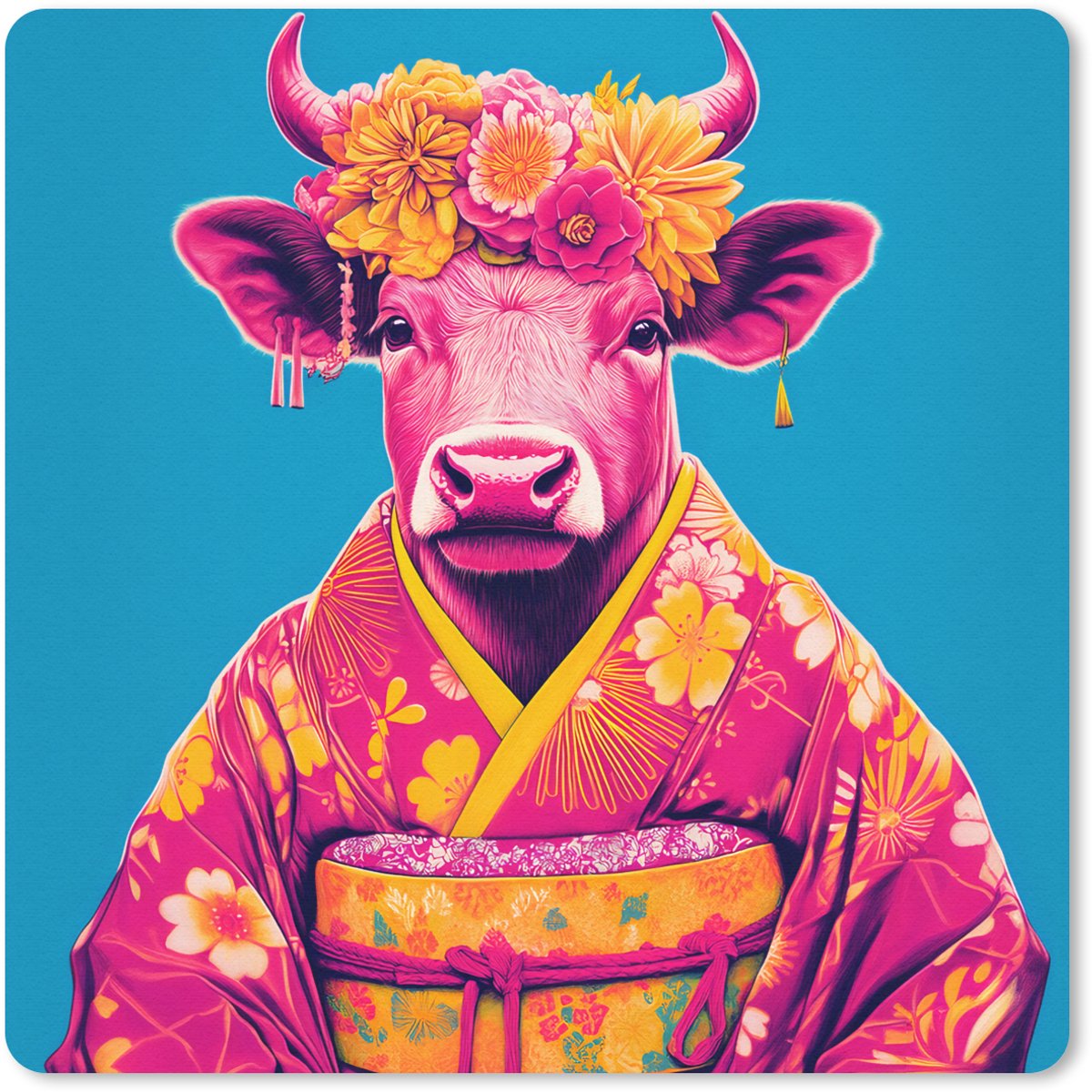 Muismat 30x30 cm - Mousepad Koe - Bloemenkrans - Oorhangers - Kimono - Muismatten