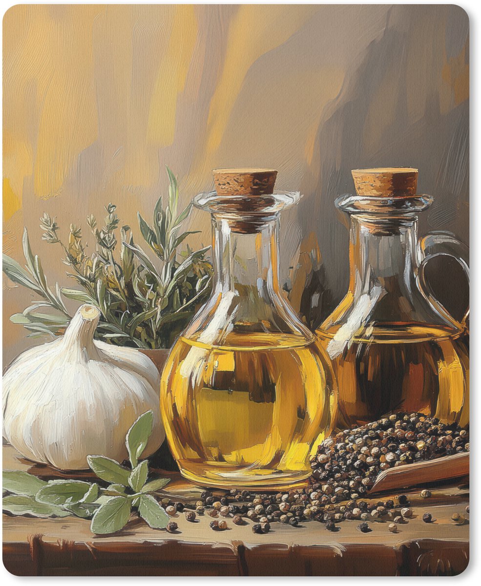 Muismat 19x23 cm - Mousepad Stilleven - Olijfolie - Knoflook - Kruiden - Muismatten
