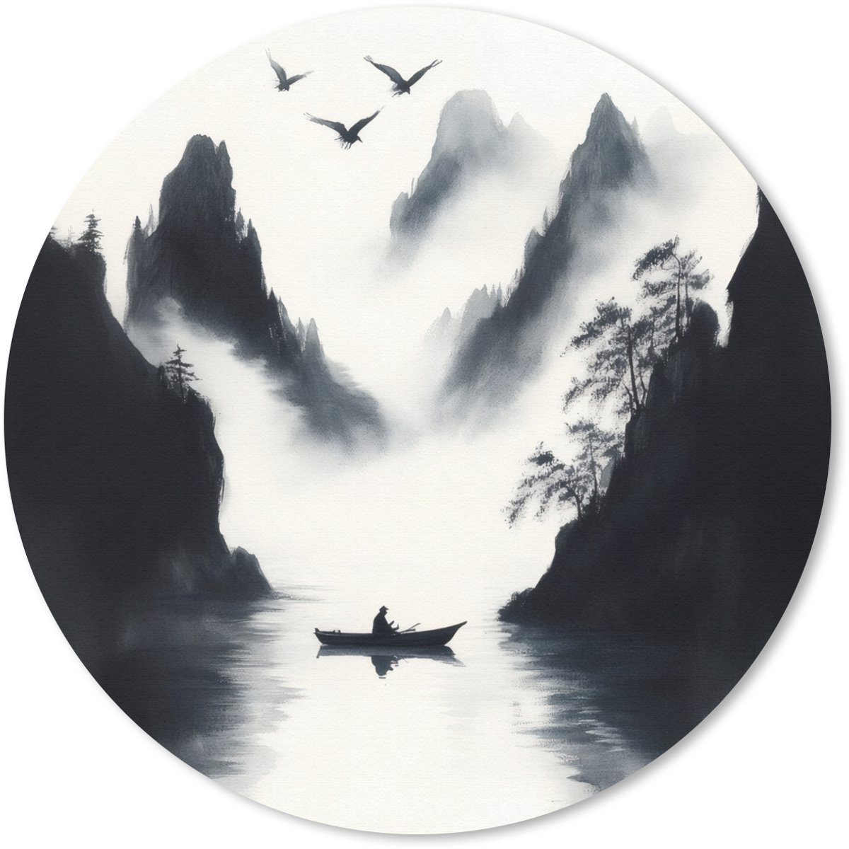 Muismat rond 30x30 cm - Mousepad Roeiboot - Mistig - Bergen - Vogels - Ronde muismatten
