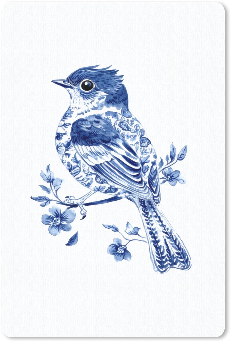 Muismat 18x27 cm - Mousepad Vogel - Delfts blauw - Illustratie - Bloemen - Muismatten