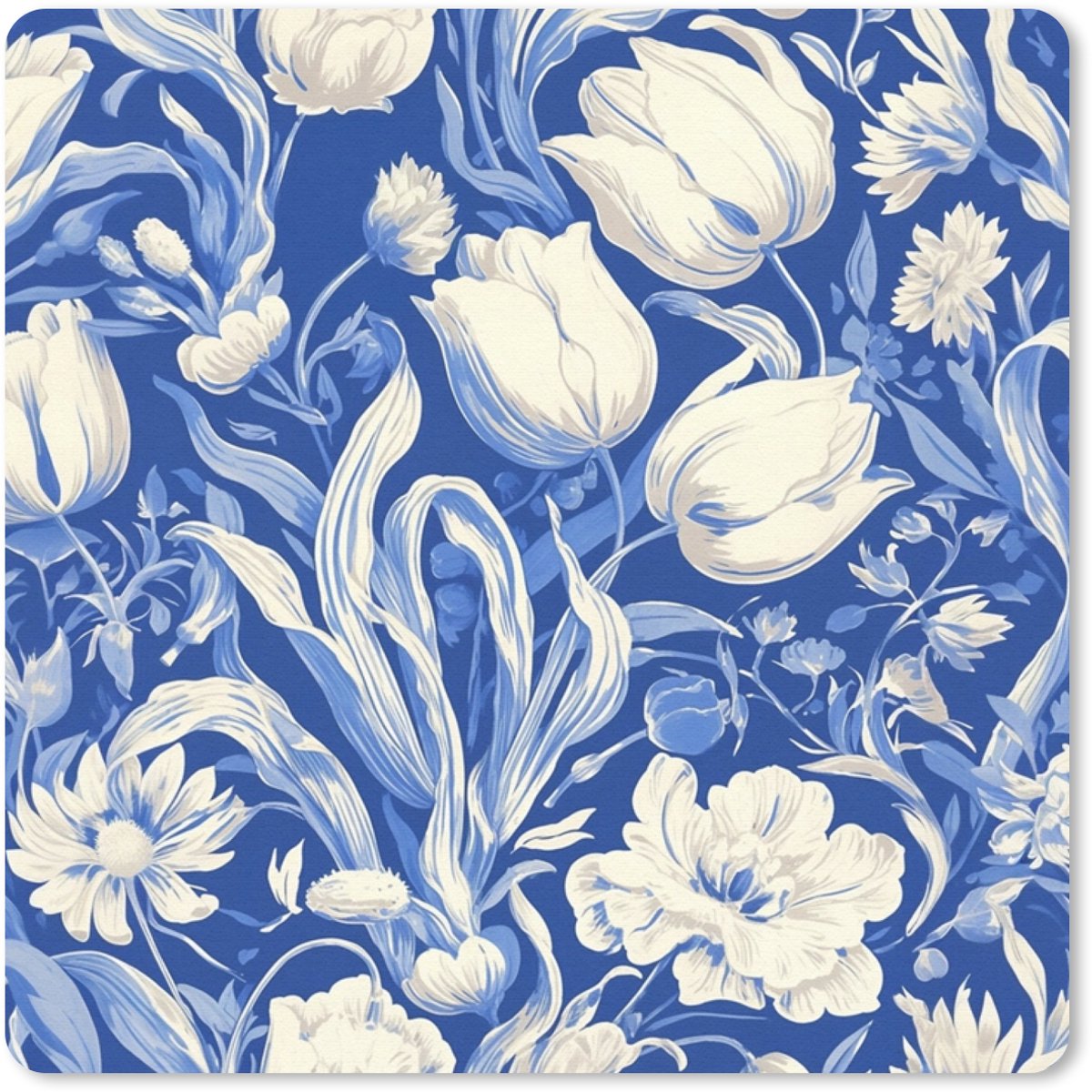 Muismat 20x20 cm - Mousepad Bloemen - Delfts Blauw - Patroon - Tulp - Muismatten