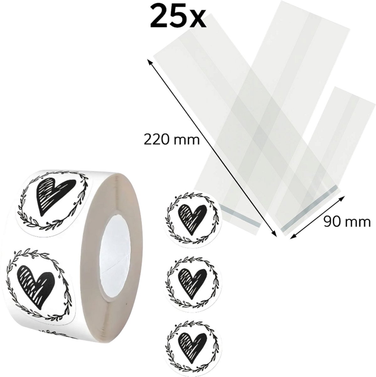 25x Uitdeelzakjes met Hartjes stickers | 220 x 90 mm | Traktatiezakjes | Kinderfeestje | Cellofaanzakjes | Cadeauzakjes | Snoepzakjes | Plastic Zakjes | Uitdeelzakjes kinderen | Cadeauzakjes Kinderen | Verpakkingszakjes Uitdeelcadeaus