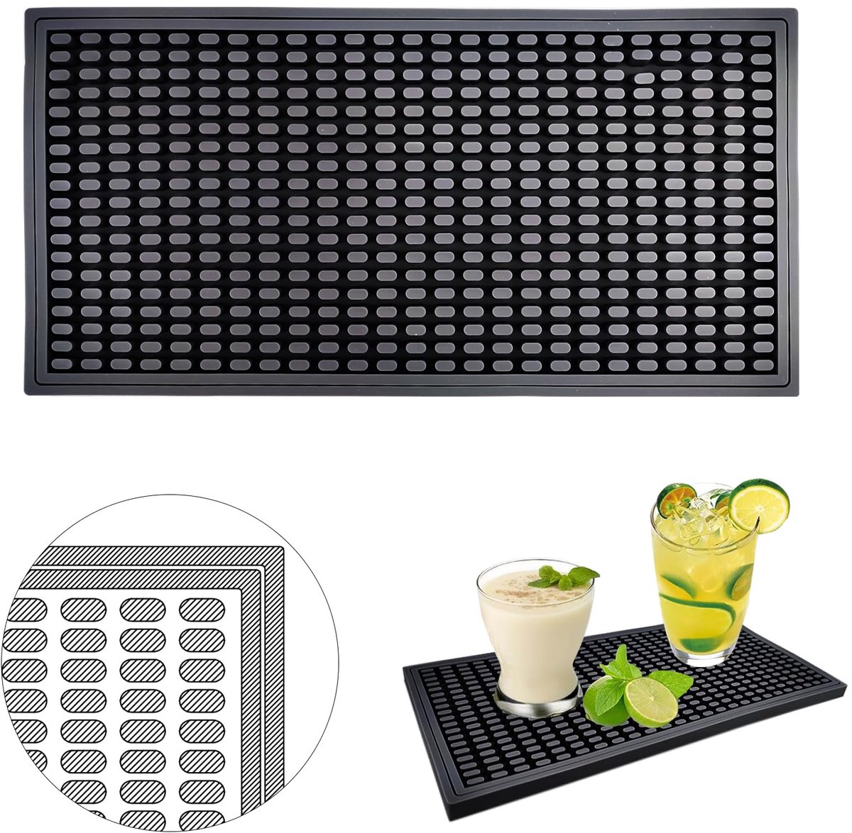 Ibenzoa® Zwarte Siliconen Afdruipmat voor Keuken en Bar, Multifunctioneel Ontwerp, 30 x 15 cm