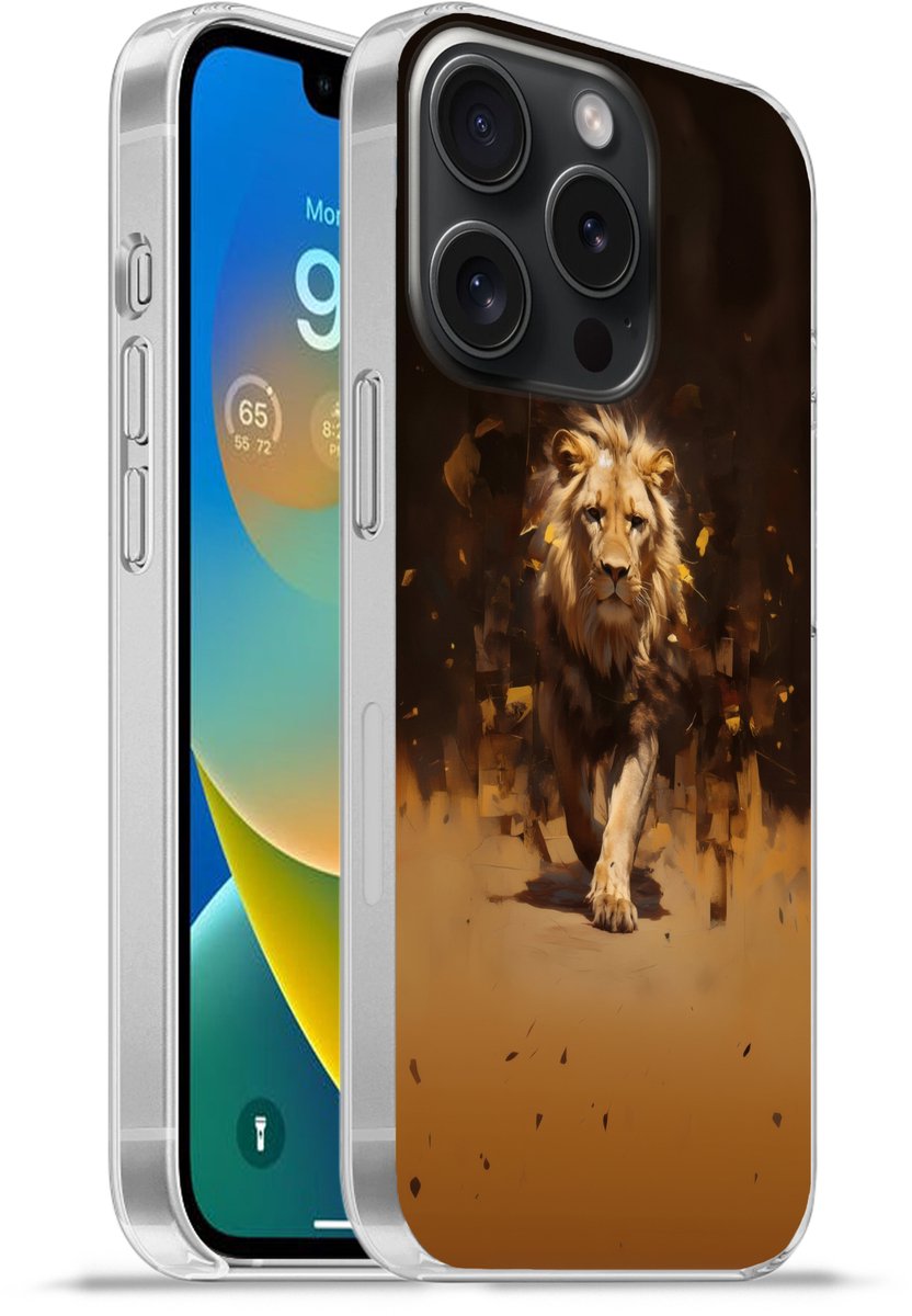 Telefoonhoesje Geschikt voor iPhone 15 Pro hoesje - Leeuw - Geschilderd - Abstract - Goud - Siliconen Telefoonhoesje Telefoonhoesje