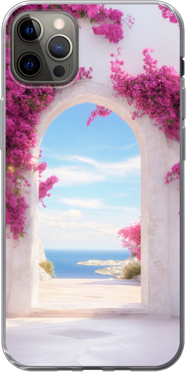 Telefoonhoesje Geschikt voor iPhone 12 Pro Max hoesje - Zee - Roze - Bloemen - Poort - Siliconen Telefoonhoesje Telefoonhoesje