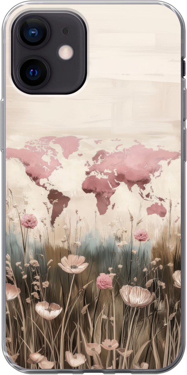 Telefoonhoesje Geschikt voor iPhone 12 hoesje - Wereldkaart - Roze - Bloemen - Siliconen Telefoonhoesje Telefoonhoesje