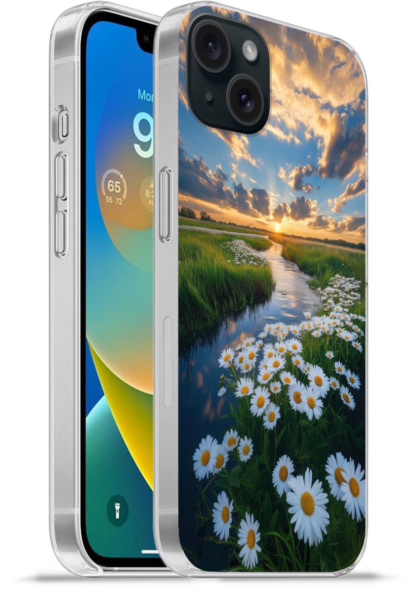 Telefoonhoesje Geschikt voor iPhone 15 Plus hoesje - Beekje - Landschap - Margriet - Siliconen Telefoonhoesje Telefoonhoesje