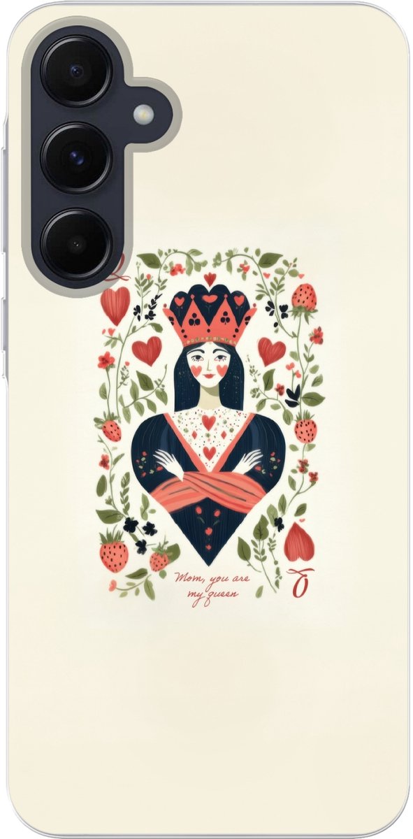 Telefoonhoesje Geschikt voor Samsung Galaxy A55 hoesje - Speelkaart - Hartenkoningin - Bloemen - Hartjes - Siliconen Telefoonhoesje Telefoonhoesje