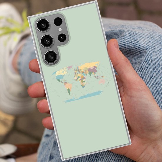 Telefoonhoesje Geschikt voor Samsung Galaxy S23 Ultra hoesje - Wereldkaart - Realistisch - Kaart - Siliconen Telefoonhoesje Telefoonhoesje