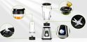 Explosie van de blender onderdelen: RVS basis, 2 bekers, 2 mes units, en de glazen kan.
