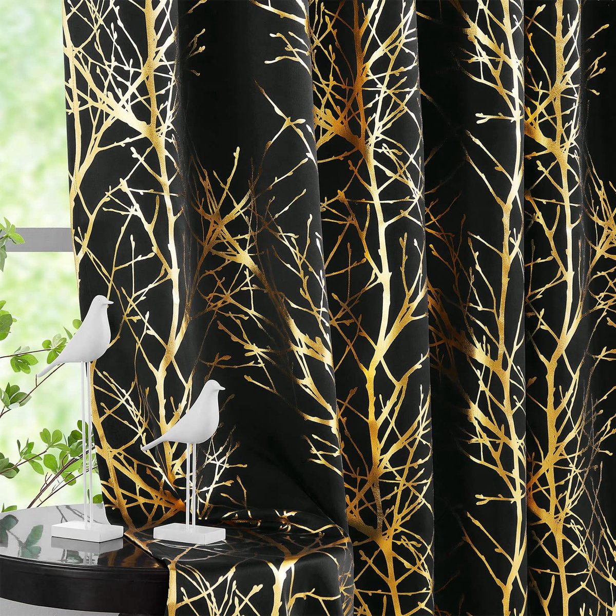 Ibenzoa Verduisterende Gordijnen Set met Metallic Takpatroon – 175 x 132 cm (2 Stuks) zwart goud