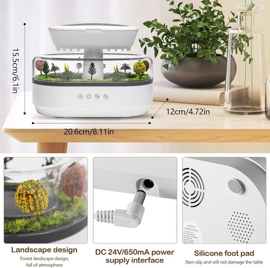 Rain Luchtbevochtiger, led-regendruppels, aromatherapie-machine, 250 ml, regenwolk, aromadiffuser voor microlandschappen, witte geluidsmachine voor slaapkamers en kinderkamers