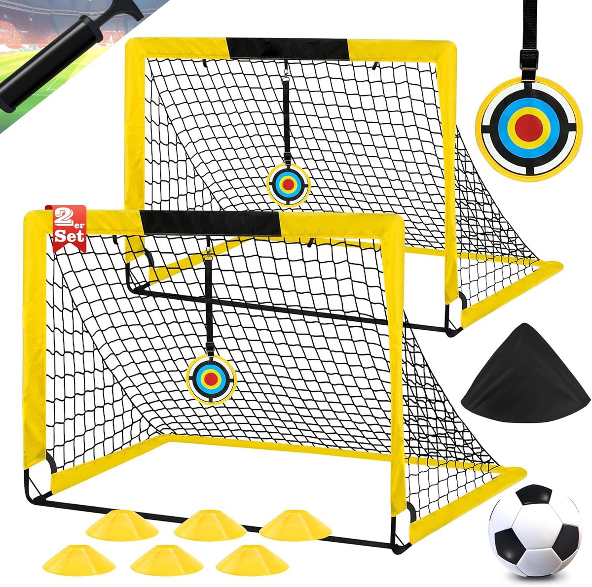 Voetbaldoel voor Kinderen - Opvouwbaar Tuindoel met Voetbal, Kegels en Draagtas - Geel - 120x90x90 cm