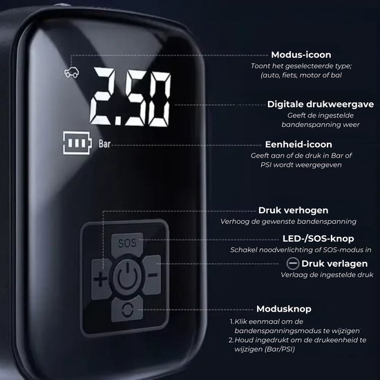 Boncy® Elektrische Fietspomp met Drukmeter - Geschikt voor Autobanden Voetbal Basketbal Ballen Fiets - Luchtcompressor Bandenpomp Lucht Compressor - Elektrisch Balpomp Draadloze Draagbare Luchtpomp - Bal Pomp Accu Draadloos Electrisch 12v Autoband van Merkloos — afbeelding 5