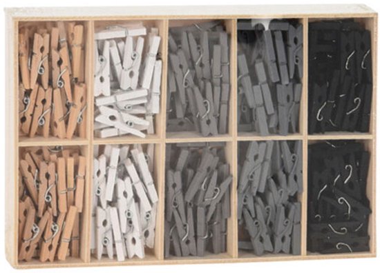 200 Houten Mini Wasknijpers donkere kleuren in houten kistje - Mini Knijpers - Knijpertjes Mini - Houten Knijpers