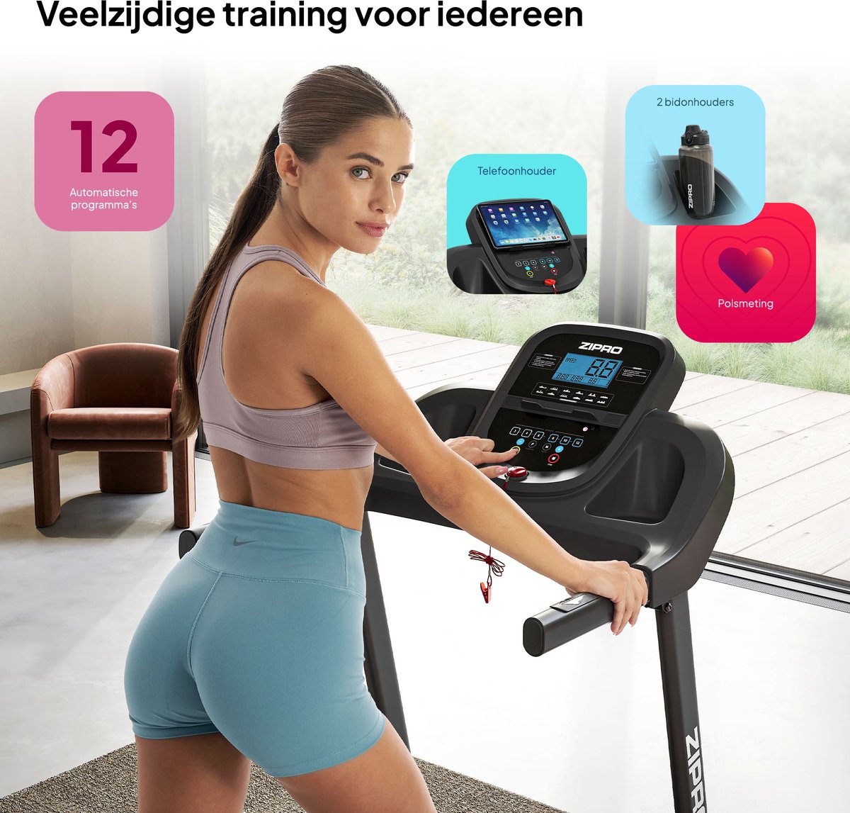 Afbeelding 3 van Zipro® Tekno Elektrische Loopband 1-14 km/h - Wandelband- Inklapbaar - 3 Hellingsniveaus - 12 Programma’s - Cardiotraining - LCD-display - Eenvoudig opvouwen naar een verticale positie - Nauwkeurige gegevensmeting - Ingebouwde luidsprekers