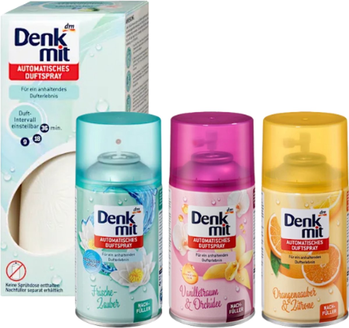 Denkmit Luchtverfrisser Starterset - Automatische Luftverfrisser met 3 Geuren | Set van 4 - Spray - Fris & Schoon - Vanille & Orchidee - Sinaasappel & Citroen