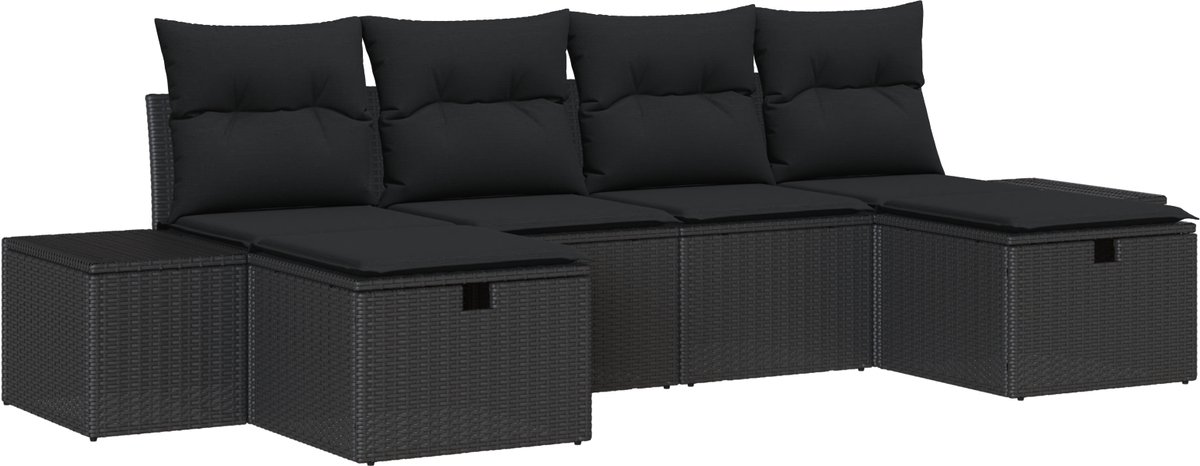 vidaXL - Tuinbank - Set - met - kussen - met - opslag - 6 - pcs - Zwart - poly - rattan