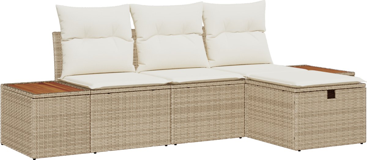 vidaXL - Tuinbank - Set - met - kussen - 4 - pcs - Beige - Poly - rattan