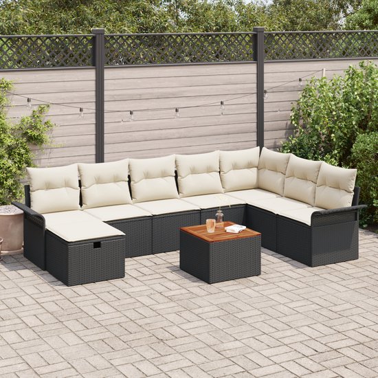 vidaXL - Tuinbank - Set - met - kussen - met - opslag - 9 - pcs - Zwart - Poly - rattan