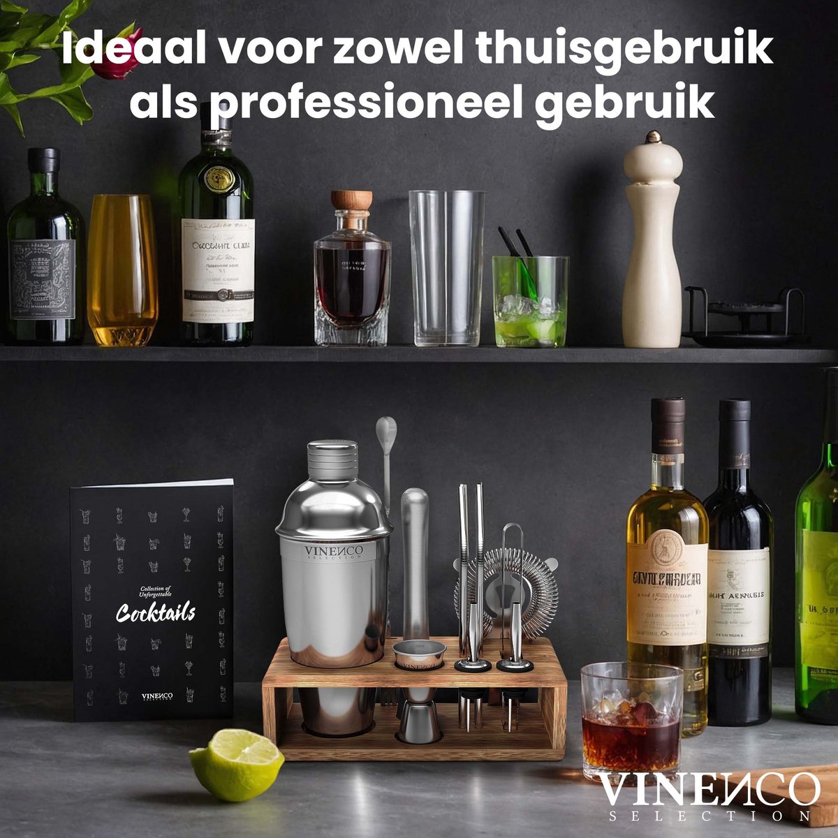 VINENCO Cocktailshaker Set Manhattan met Houten + Recepten Boek: 13 Delig RVS Staal Premium Barkeeper Kit | Prof Cocktail Shaker Bar Accessoires Martini Gin Mojito Longdrinks Party Verjaardag Cadeau Man Vrouw — cadeau in Kookcadeaus - foto 4