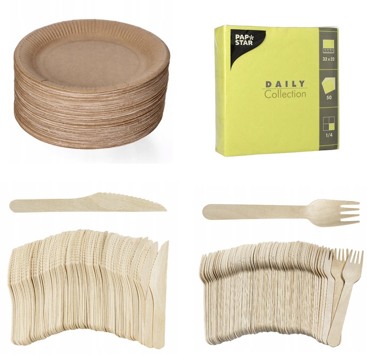 Image of 200 stuks x Houten wegwerp bestek set eco/milieubewust – 50 bruine kartonnen borden 23cm + 50 Vorken 16cm + 50 messen 16cm+ 50 servetten lime 32x32cm Feest/verjaardag/BBQ picknick